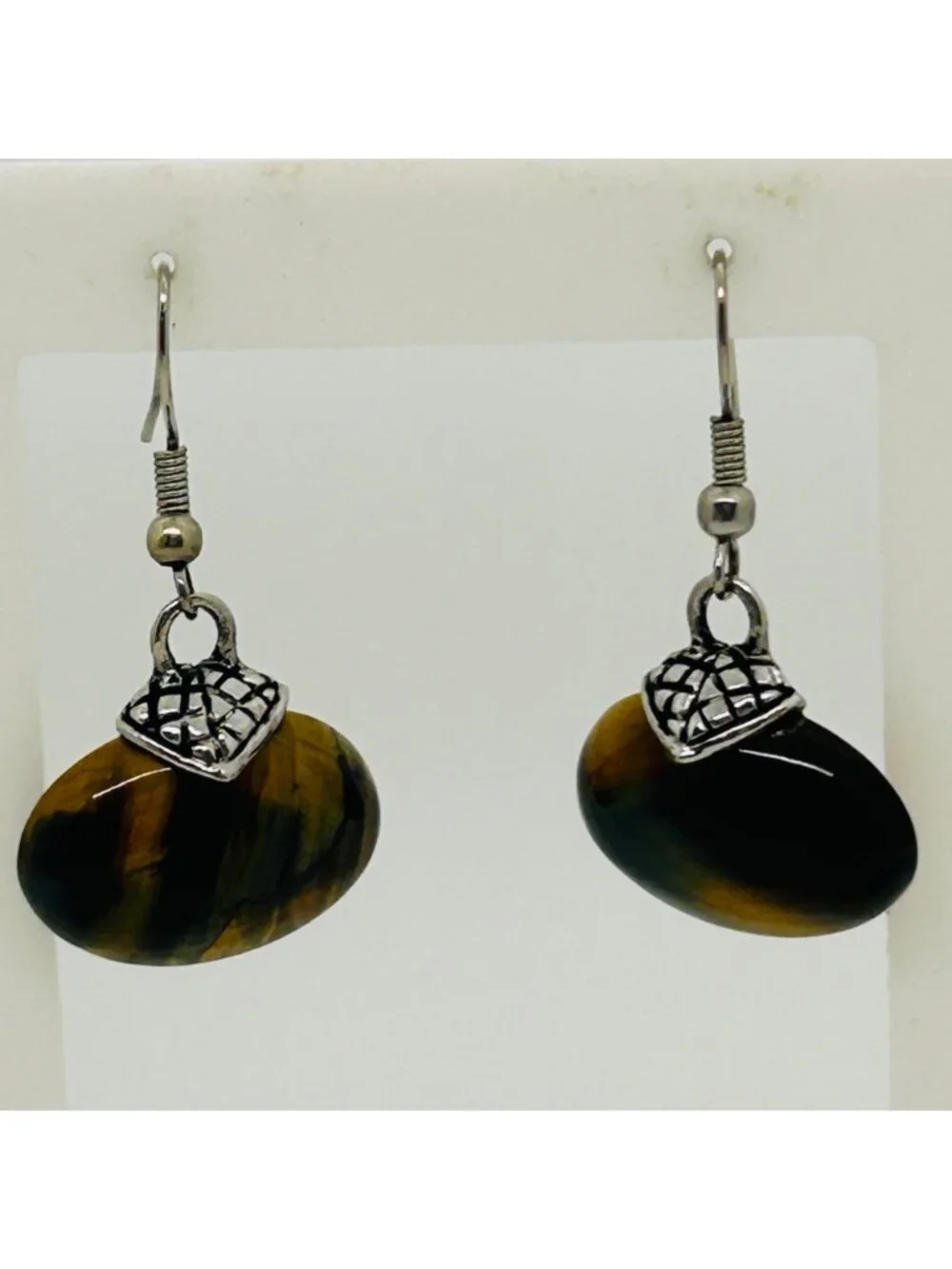 Tiger's Eye Dangle Drop Earrings Oval Gemstone Silver Tone Accents Modernist